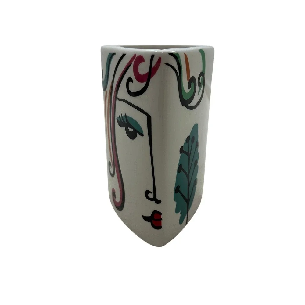 Vintage Style Abstract Face Ceramic‎ Vase Triangular Pop Art Modern White 6.5in